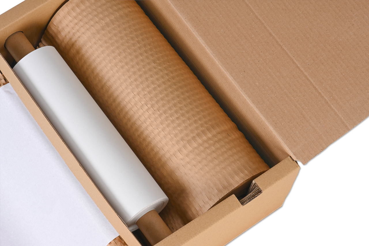 Integrierte Rollensysteme aus Vollpappe gewährleisten eine reibungslose Papierführung und ermöglichen eine gleichmäßige Dehnung.