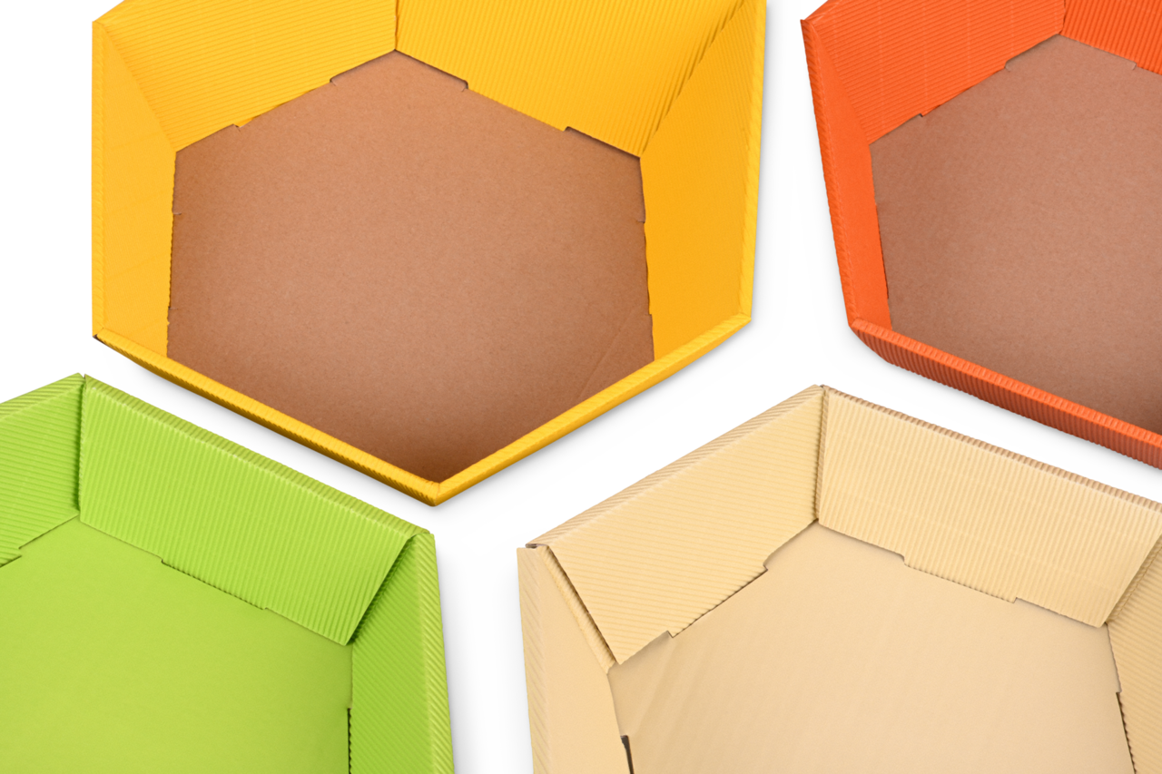 Geschenkkorb Hellgrün und Crème innen bedruckt, Gelb und Orange innen braun unbedruckt 