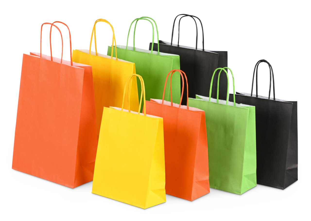 Papiertüten in verschiedenen Größen und Farben wie Gelb, Grün, Orange und Schwarz erhältlich 