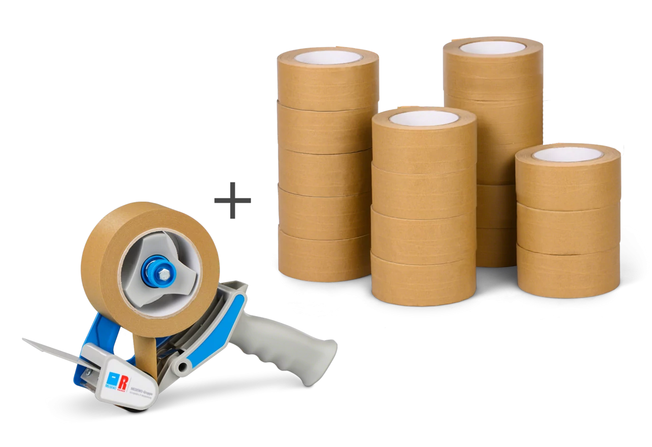 Papierklebeband Set fadenverstärkt 18 Rollen + Handabroller