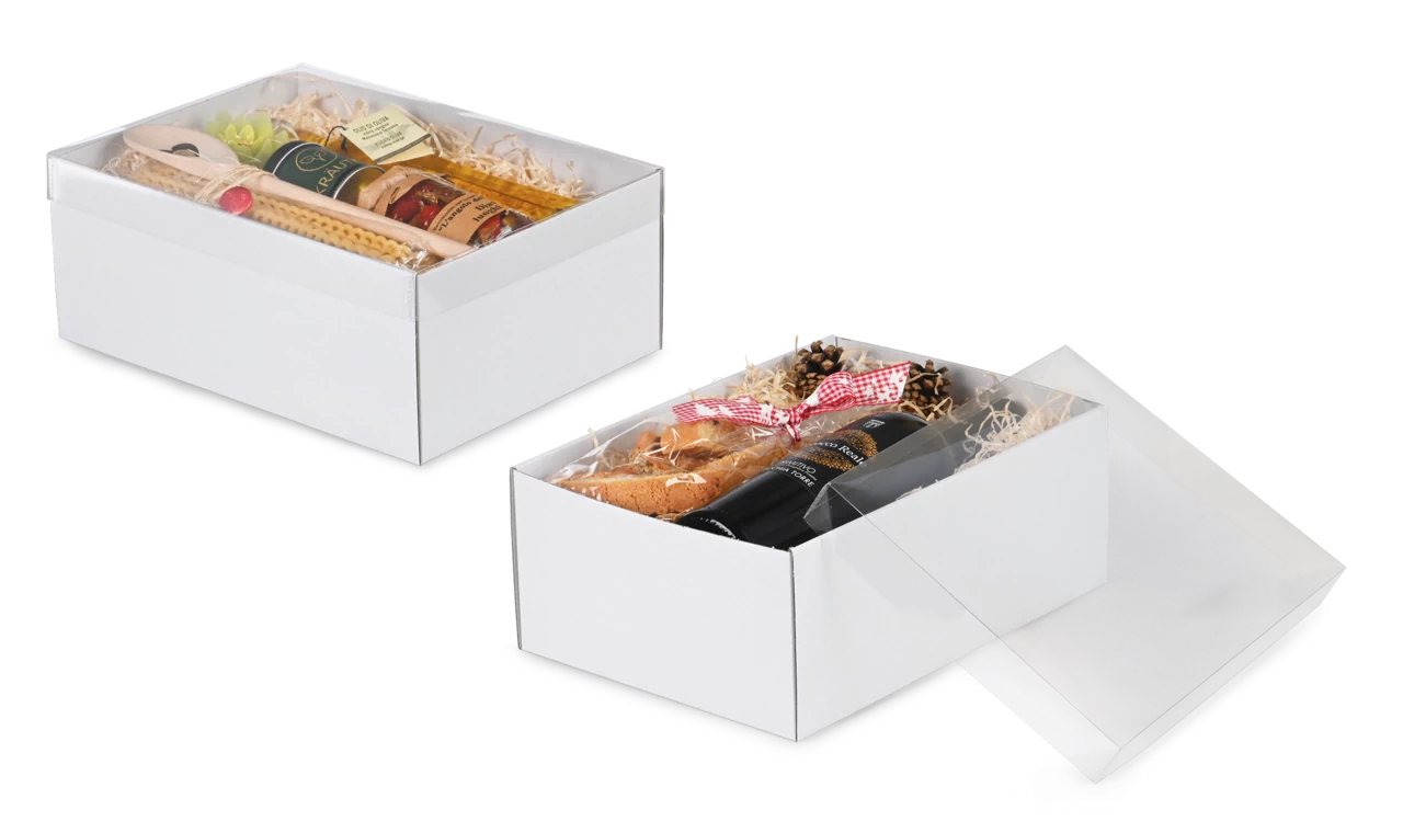 Stülpdeckelkarton weiß mit Klarsichtdeckel