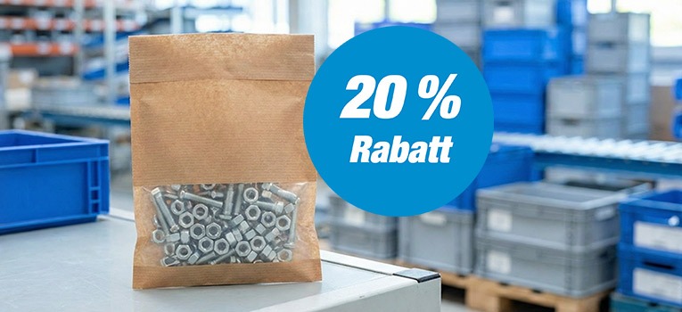 Papierbeutel mit Sichtfenster, gef&uuml;llt mit Schrauben und Muttern