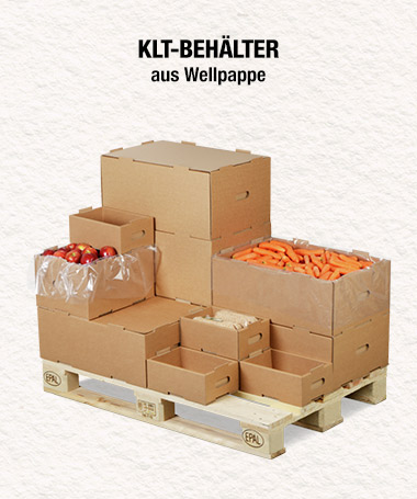 Europalette mit gestapelten KLT-Behältern aus Wellpappe