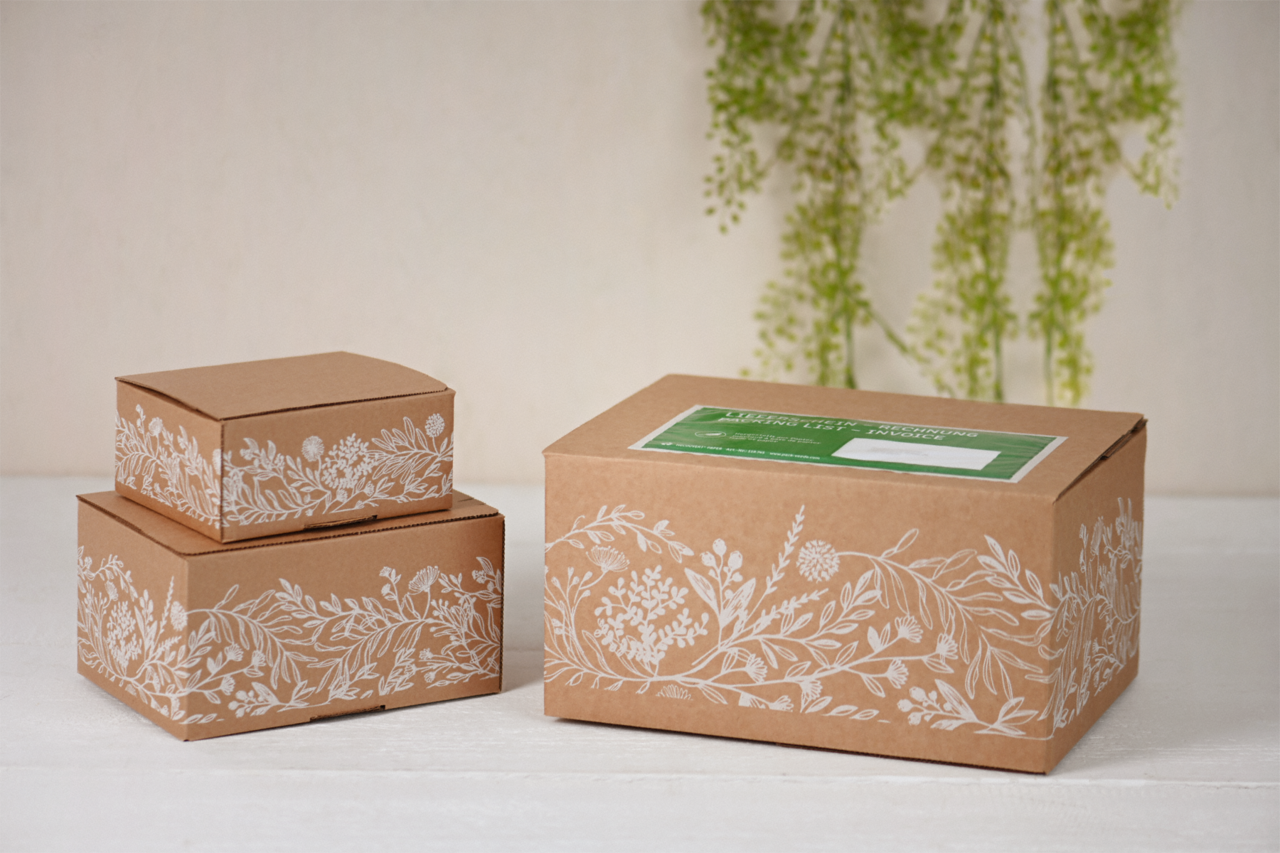 Carton e-commerce COMFORT-BOX avec des motifs naturels