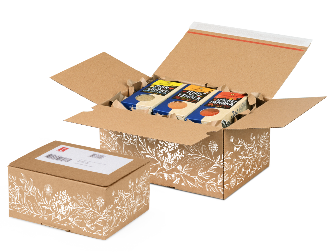 Carton e-commerce COMFORT-BOX avec des motifs naturels