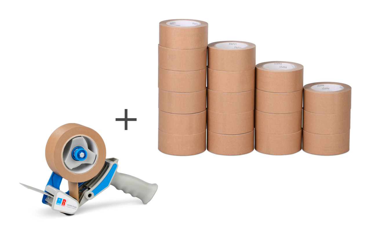 Set de ruban adhésif papier MECATAPE® 18 rouleaux + dévidoir manuel