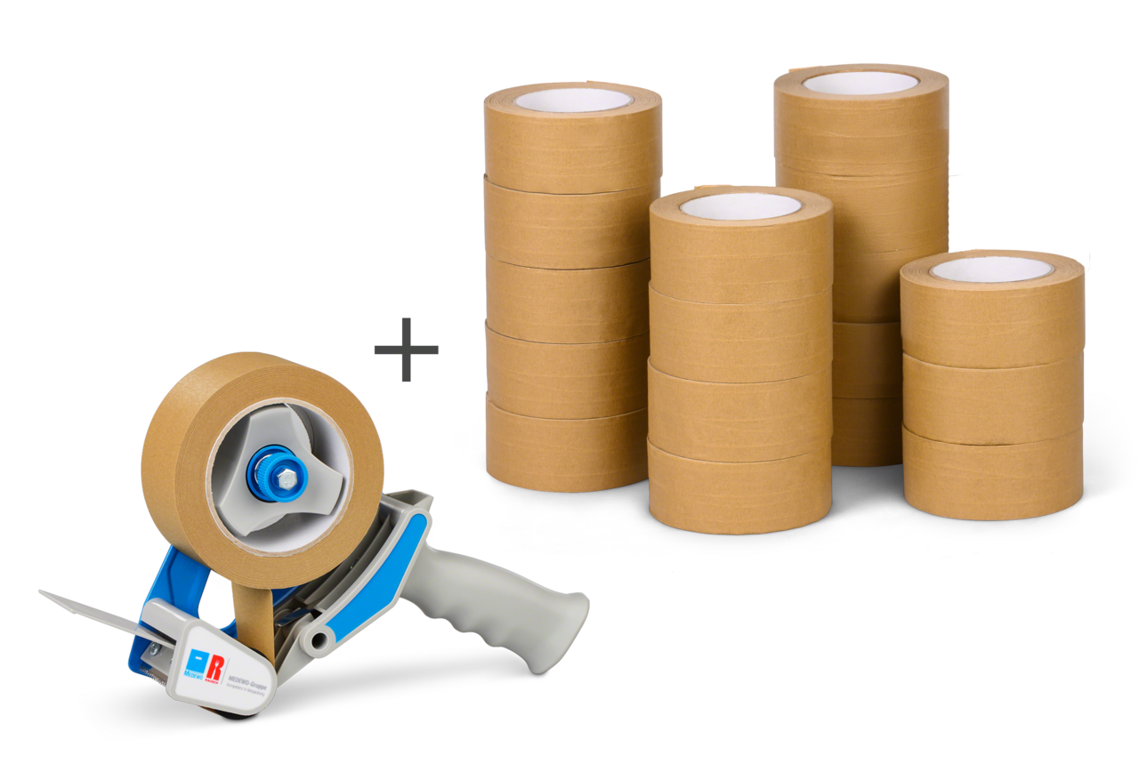 Set de ruban adhésif papier renforcé par des fils 18 rouleaux + dévidoir manuel