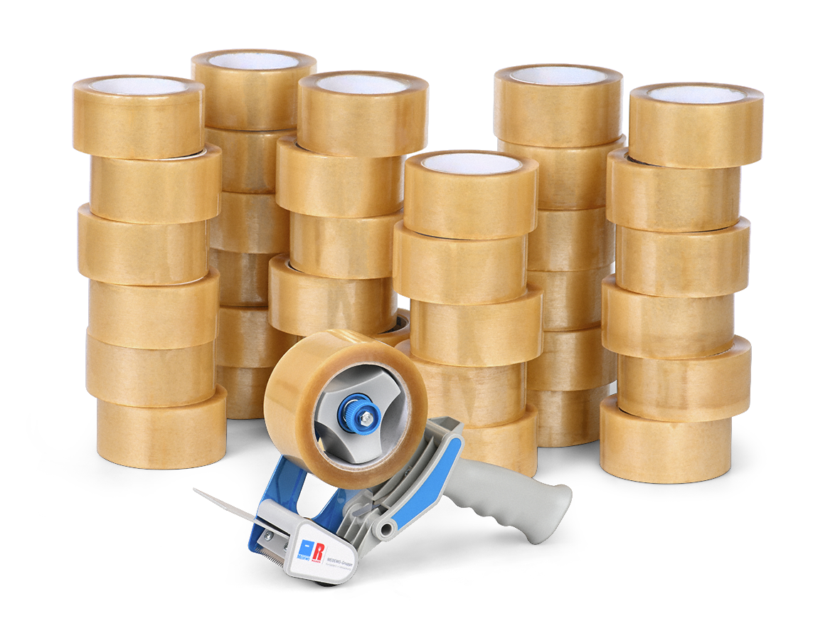 Kit de ruban adhésif avec des rouleaux transparents.