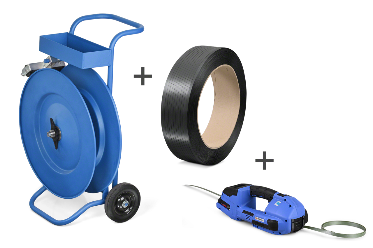 Kit de cerclage feuillard PP grand rouleau recyclé + OR-T 270 + dévidoir