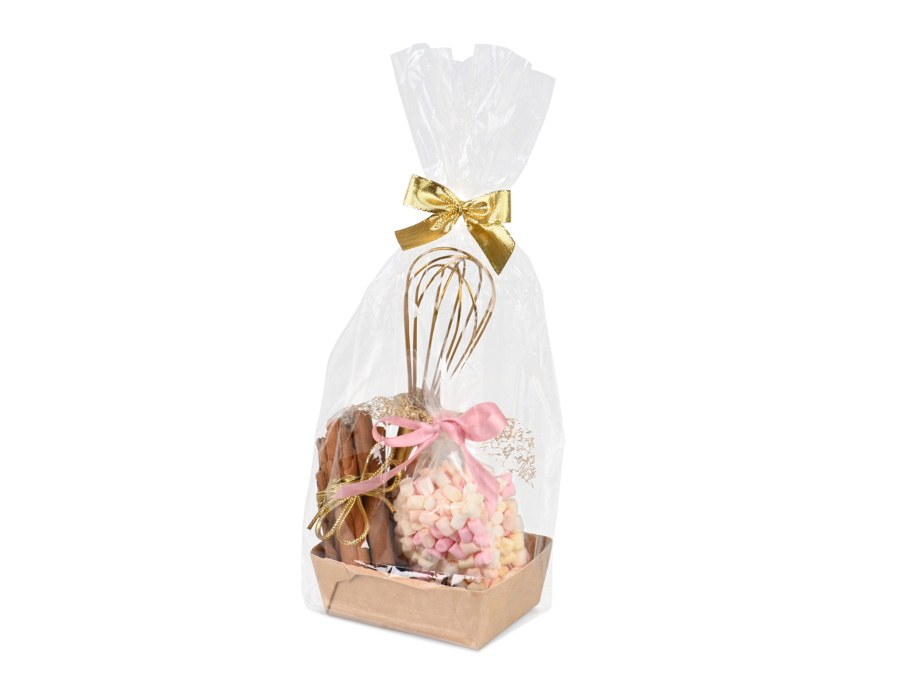joliment décorés d'un nœud et d'un pot de produits fins en carton brun 