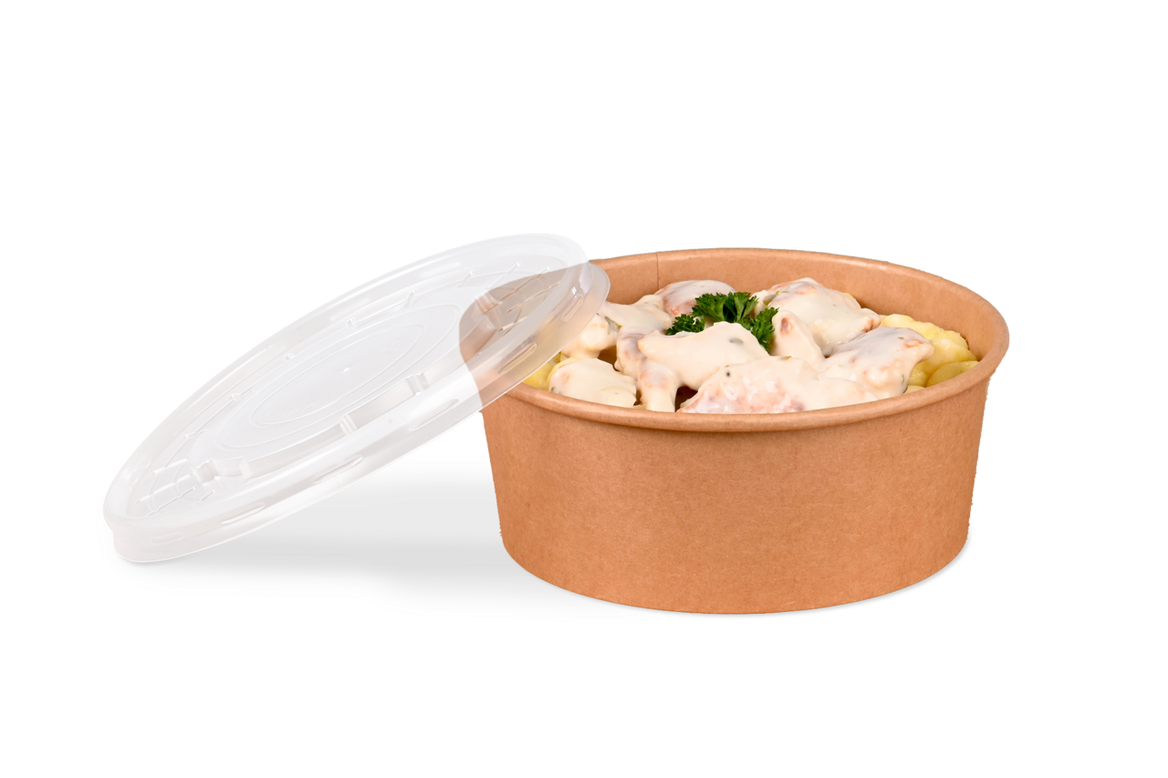 Le couvercle en PP est rond et s'adapte parfaitement au plateau-repas en carton.