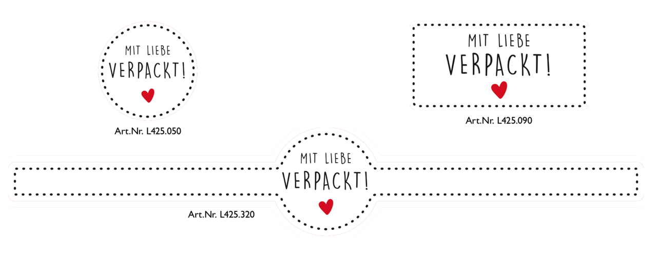 vous trouverez les étiquettes avec le motif «mit Liebe verpackt» (emballé avec amour) en 3 versions dans notre webshop, pour la décoration et la fermeture