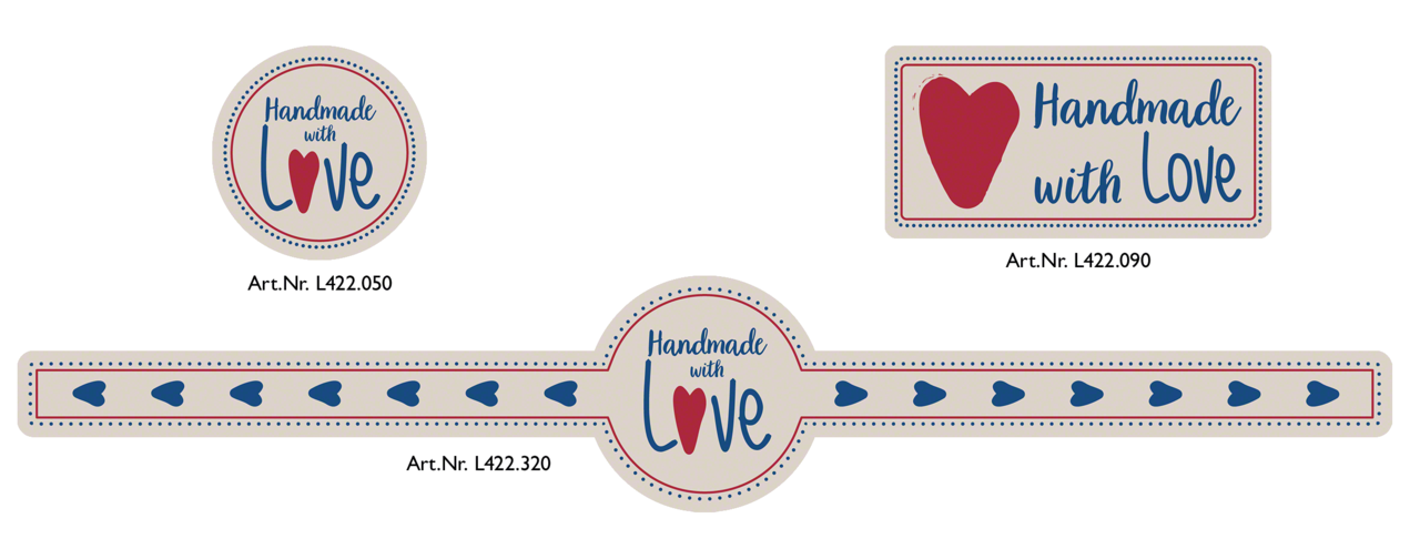 vous trouverez le design «Handmade with Love» en 3 versions dans notre webshop, pour la décoration et la fermeture
