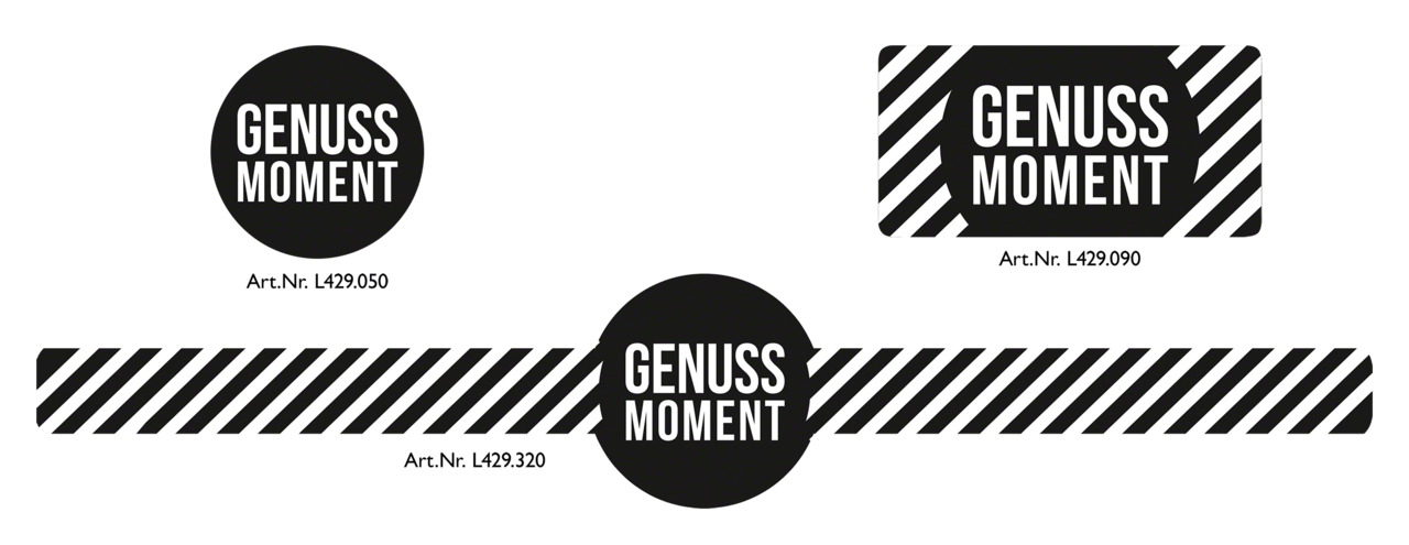 vous trouverez 3 versions de la ligne de design «Genussmoment» (moment de plaisir) dans notre webshop, pour décorer et fermer, par exemple, des sacs