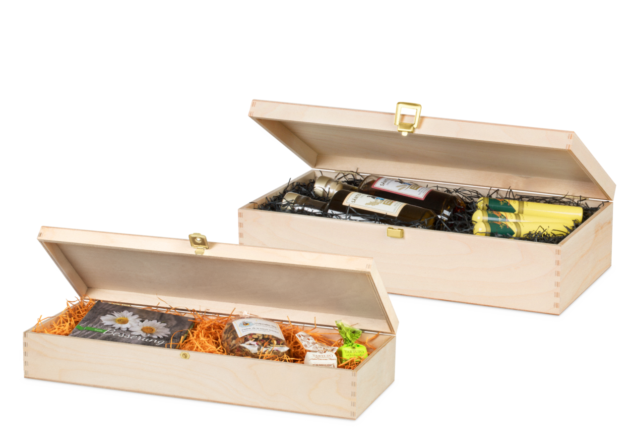 Emballez des cadeaux spéciaux dans des cassettes en bois garnies de laine de bois ou de SizzlePak®