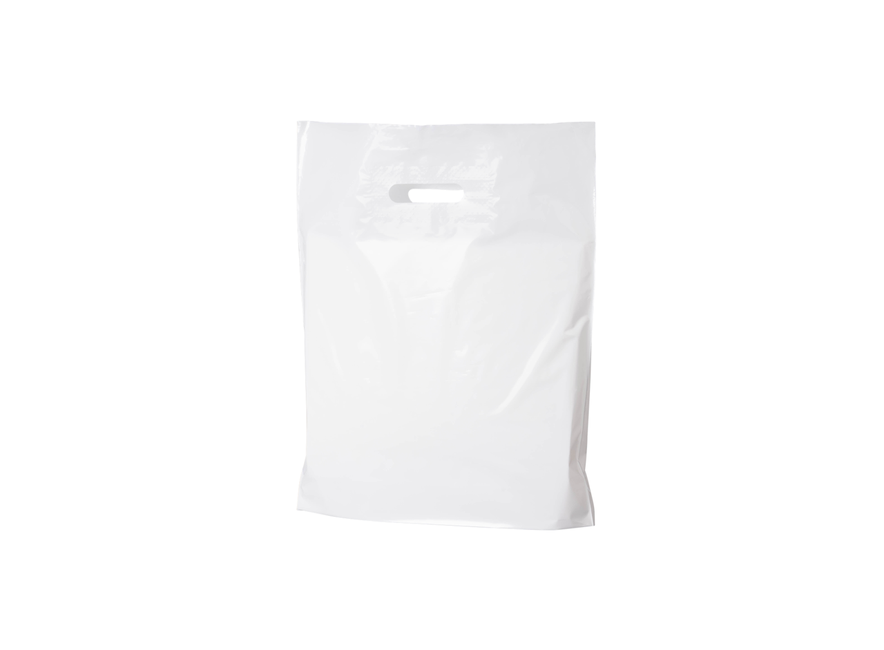 PE Sac à emporter DKT 350×420+(2×40) mm, blanc, 50 µm, à poignée découpée