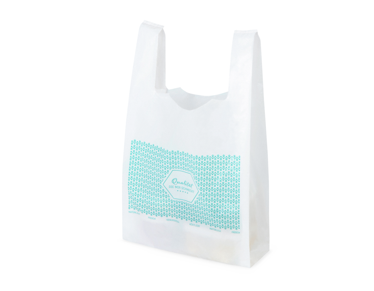 Sac bretelles 240×120×450 mm, «Genuss», blanche, 14 µm, en liasses HDPE