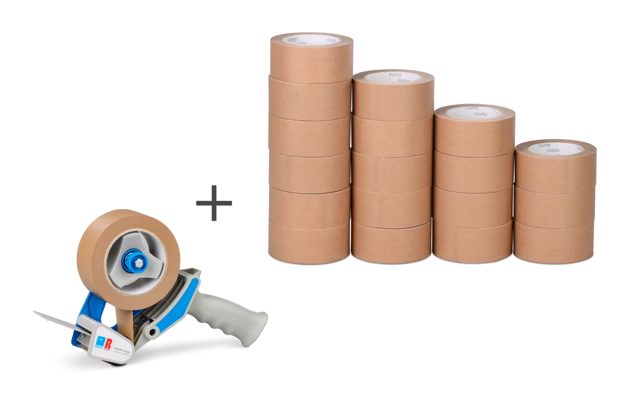Set de ruban adhésif papier MECATAPE® 18 rouleaux + dévidoir manuel