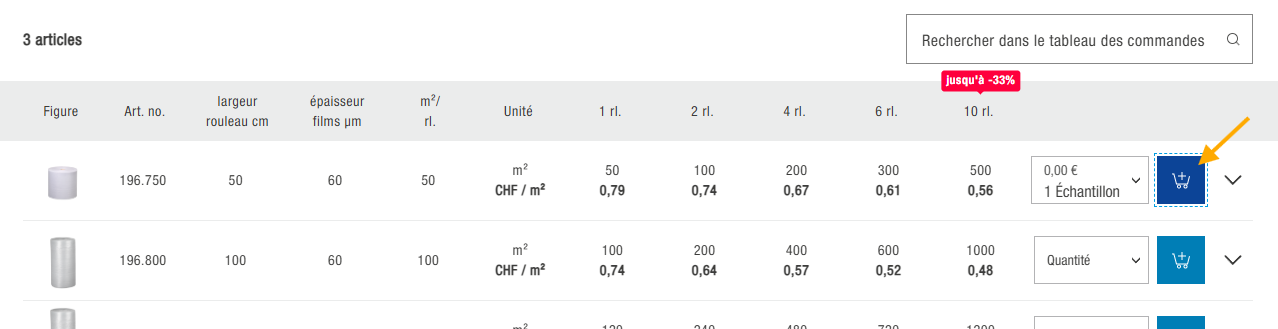 Ajouter des échantillons au panier