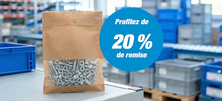 Sachet en papier avec fen&ecirc;tre, rempli de vis et d&rsquo;&eacute;crous
