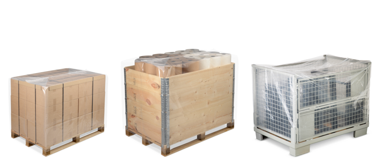 Für jede Paletten-Höhe die richtige Hülle. Ideal auch über Palettenrahmen oder zum Schutz von Gitterboxen.