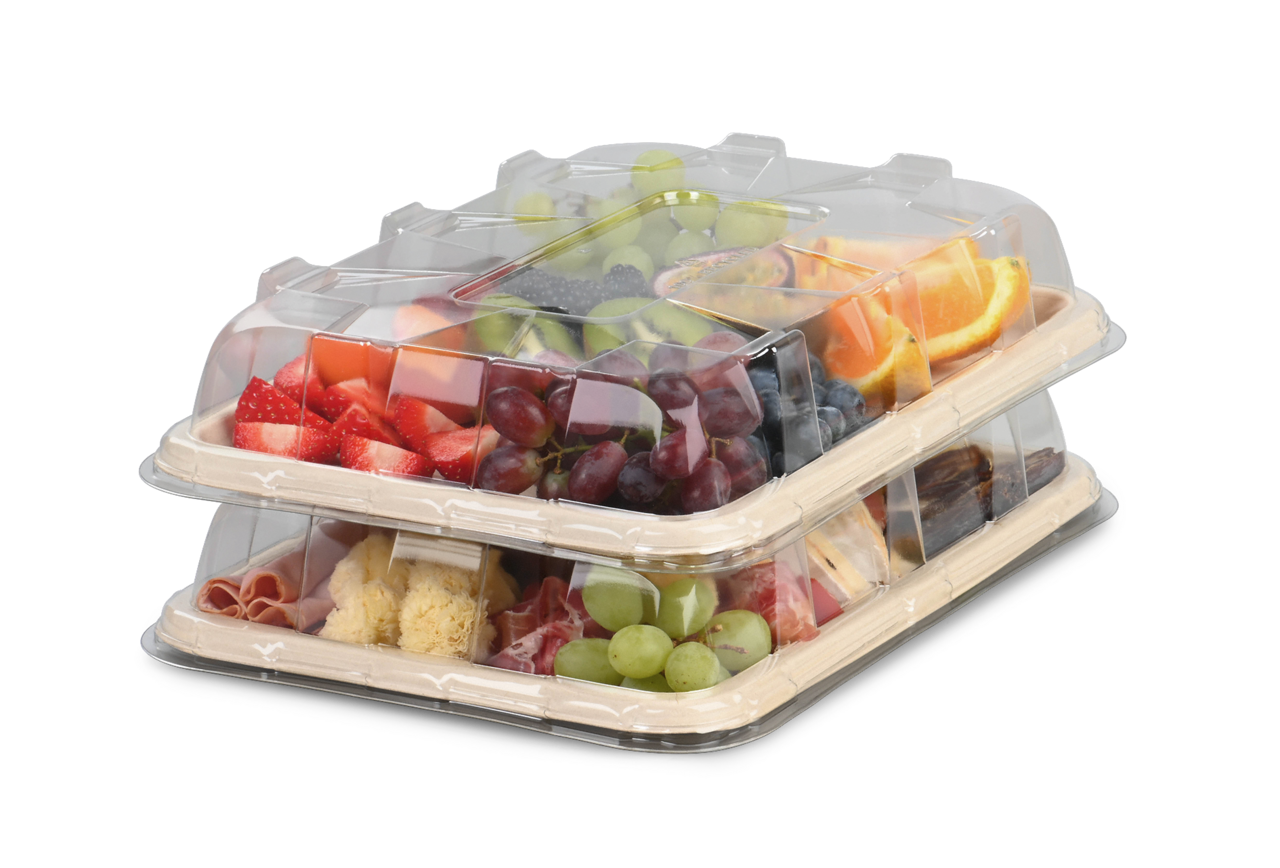 ideal zum sicheren Transport, platzsparenden Stapeln und länger Frischhalten Ihrer belegten, rechteckigen Platten aus Bagasse