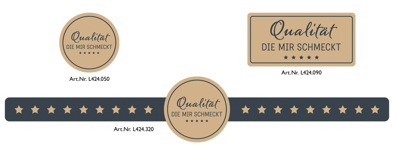Etiketten des Designs «Genuss» finden Sie in unserem Web-Shop in 3 Ausführungen – zum Verzieren und Verschliessen