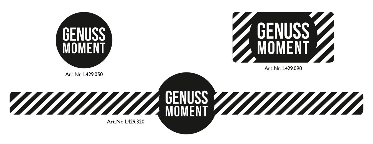 in unserem Web-Shop finden Sie 3 Ausführungen zur Designlinie «Genussmoment» – zum Verzieren und Verschliessen von z. B. Beuteln