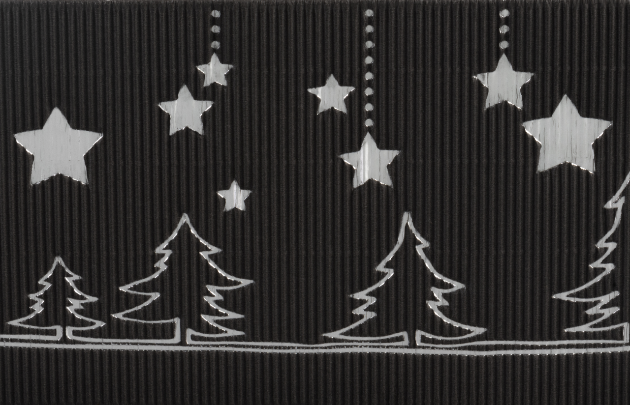 Motiv «Weihnachtsglanz»: Heissfolienprägung in Silber auf anthrazitfarbenem Karton mit offener Welle