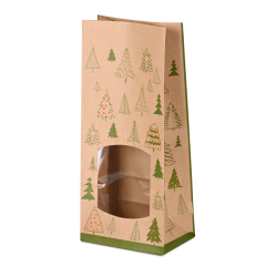 Blockbodenbeutel, 135&times;80&times;310 mm, braun Kraft, PE-beschichtet, mit Sichtfenster &laquo;Waldweihnacht&raquo;
