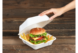 die Take-away-Box aus Bagasse lässt sich von Ihren Kunden durch den praktischen anhängenden Klappdeckel einfach öffnen und verschliessen