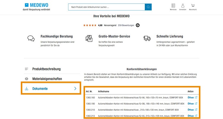 Konformit&auml;tserkl&auml;rung zum Herunterladen eines Kartons von MEDEWO
