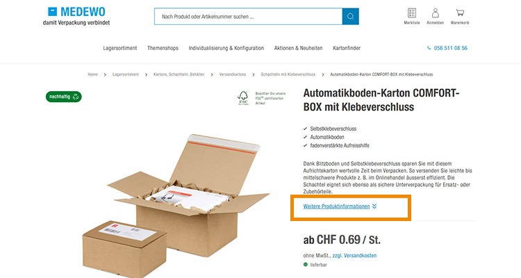 Produktseite eines Kartons von Medewo