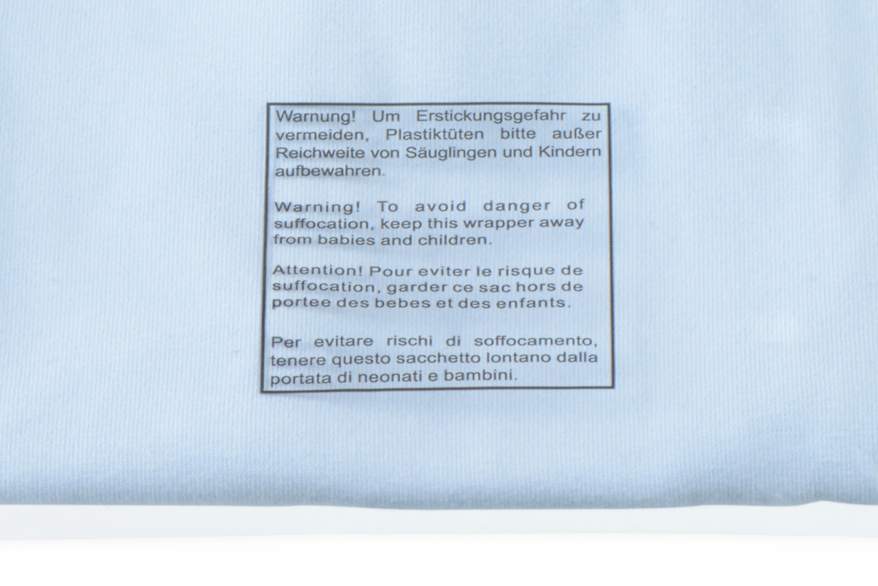 aufgedruckter Warnhinweis «Erstickungsgefahr » in 4 Sprachen