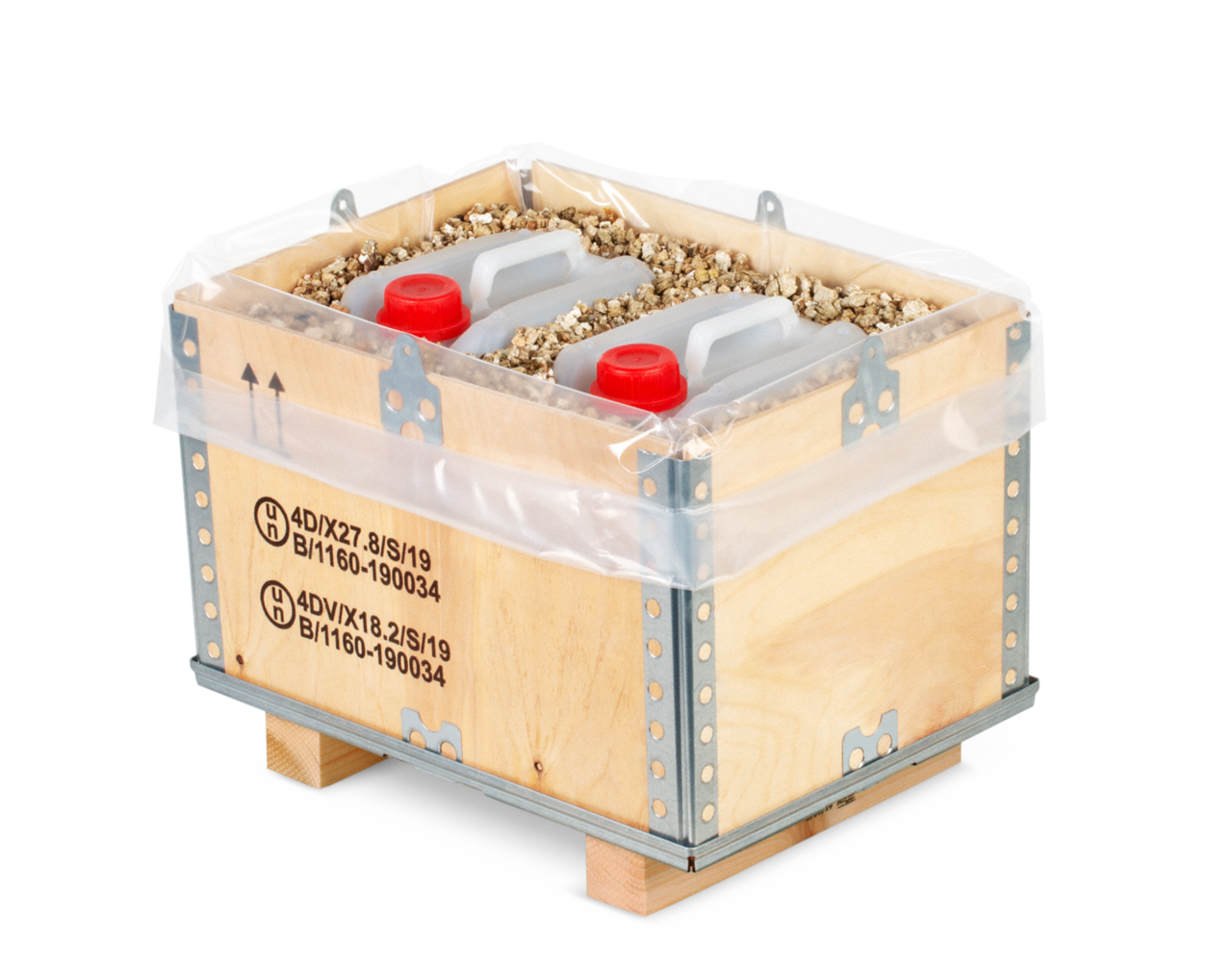 Gemäß gesetzlichen Vorgaben müssen Sie beim 4DV Transport mit dieser Kiste einen Kisteneinsatz aus LDPE sowie VERMICULITE verwenden.