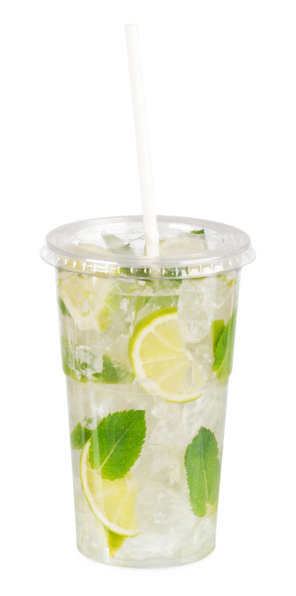 Clear Cup kombiniert mit Flachdeckel mit Kreuzschlitz und Trinkhalm aus Papier