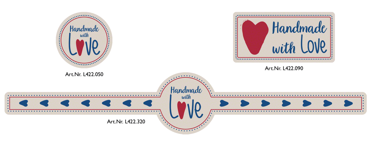 Design «Handmade with Love» finden Sie in unserem Web-Shop in 3 Ausführungen – zum Verzieren und Verschließen