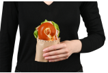 Sandwich wird direkt aus der Umhüllung gegessen.  