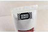 «Genussmoment» – schlichtes, zweifarbiges Design z. B. zum Verzieren von Standbodenbeuteln