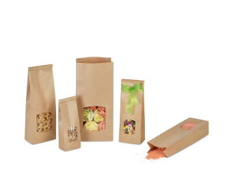 Blockbodenbeutel aus Kraftpapier mit Sichtfenster