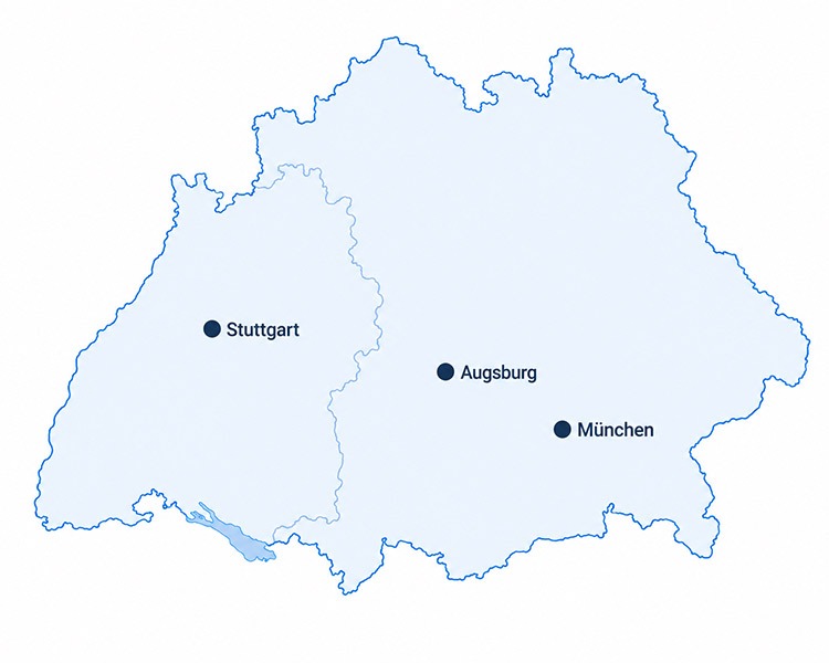 Karte von Süddeutschland mit Augsburg, München und Stuttgart