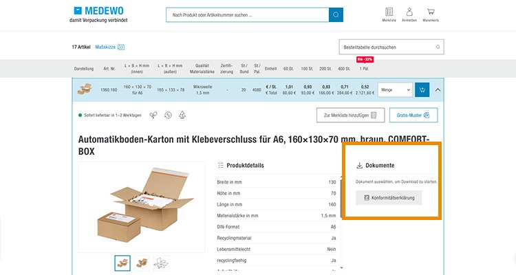 Konformit&auml;tserkl&auml;rung eines Kartons von MEDEWO
