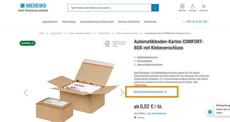 Produktseite eines Kartons von Medewo