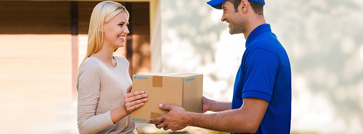 Paketdienst übergibt Versandkarton an Empfänger
