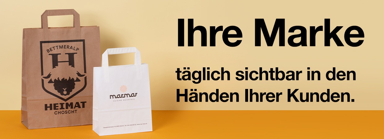 bedruckte Papiertragetaschen mit Slogan &laquo;Ihre Marke t&auml;glich sichtbar in den H&auml;nden Ihrer Kunden&raquo;